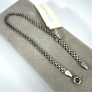 Stunning Italy Stamped 925 Sterling Silver Flat Box Chain Bracelet Dainty Simple